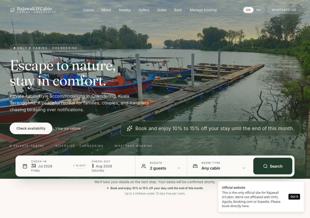 Homepage of the Rajawali D'Cabin Chalet website