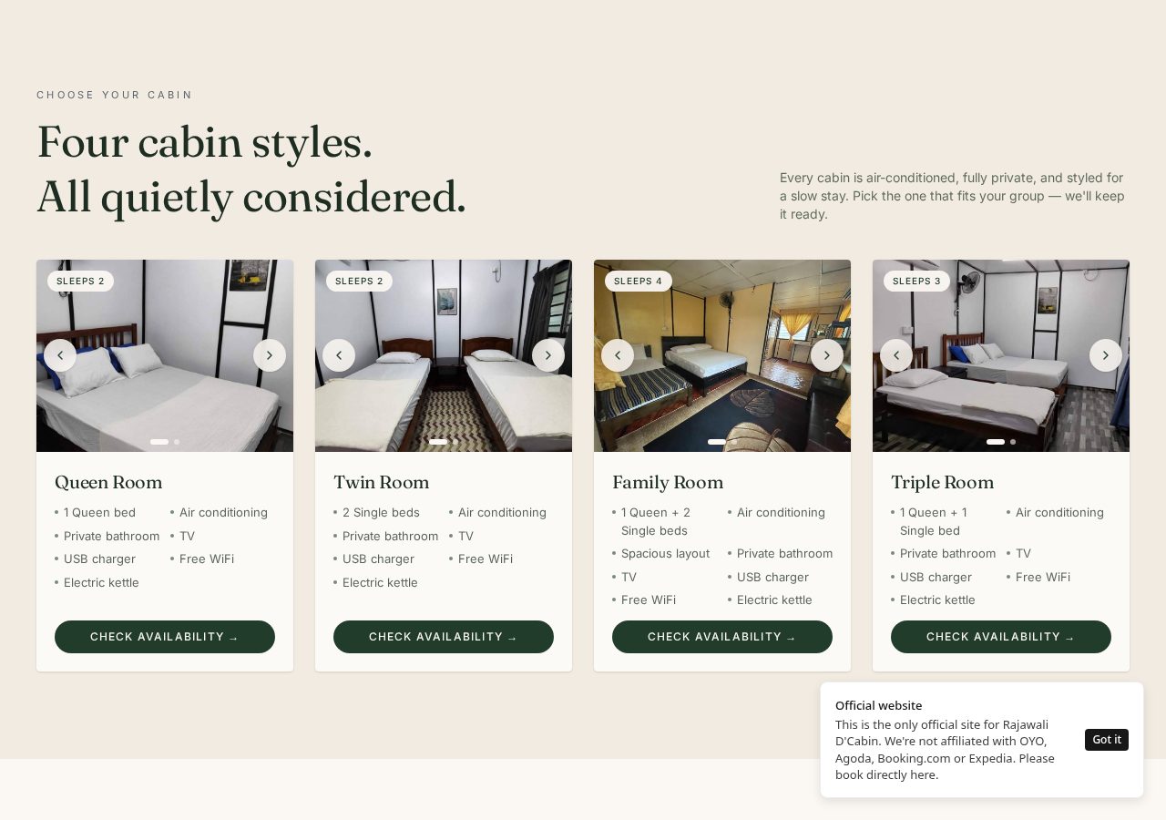 Cabin listing section showing the four cabin types