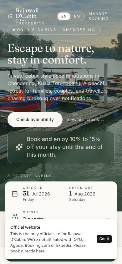 Mobile view of the Rajawali D'Cabin Chalet homepage